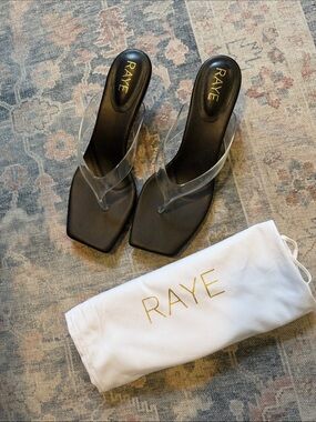 RAYE Black Square-Toe Slide Sandals with Clear Straps. Kitten heel.